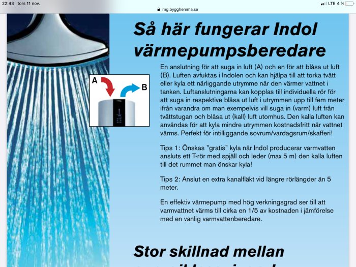 Skärmbild av en webbsida med text om hur Indol värmepumpsberedare fungerar, inklusive diagram och produktbild.