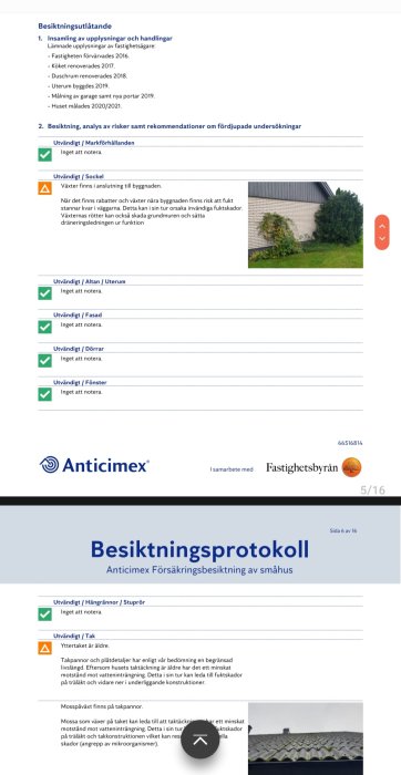 Sida ur besiktningsprotokoll med checklistor och foto av byggnad med fuktrelaterad risk från närbelägna växter.