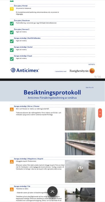 Screenshot av en sida från ett besiktningsprotokoll med markeringar och bilder av ett garagefönster och en takavvattning.