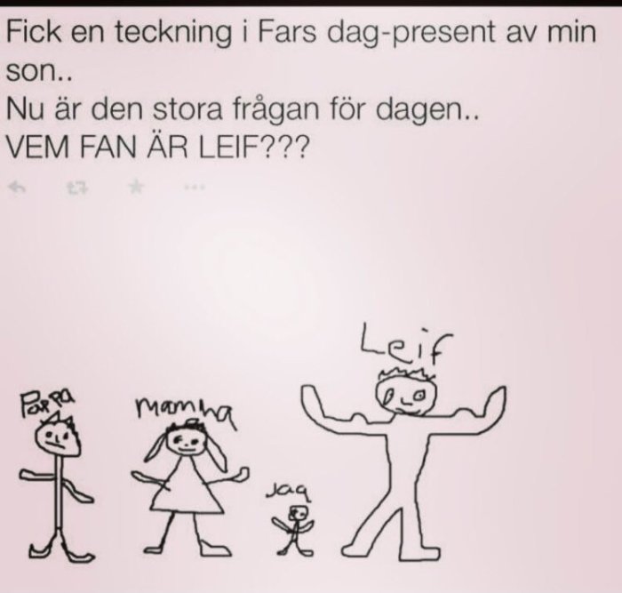 Barnritning med texten "Pappa", "Mamma", "jag" och en fjärde figur märkt "Leif", humoristiskt tonad.