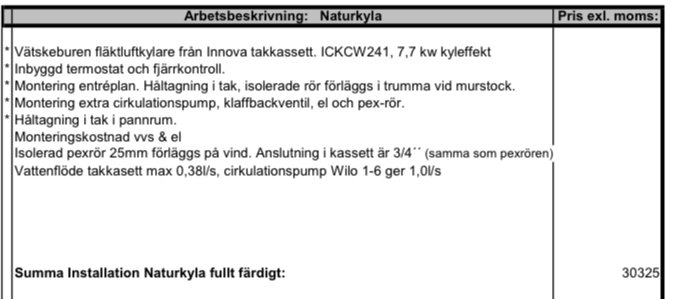 Offert för installation av naturkyla som listar komponenter, arbetsbeskrivning och pris exklusive moms.