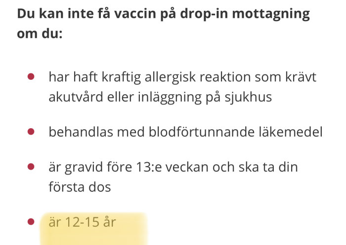 Skärmbild av restriktioner för drop-in vaccinering som listar villkor inklusive allergiska reaktioner, blodförtunnande medel och graviditet.