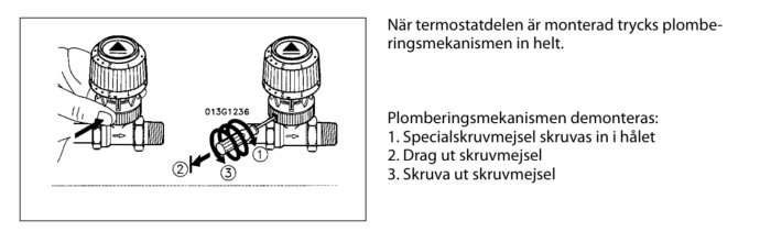 Instruktionsbild som visar hur man demonterar en plomberingsmekanism på en termostat med hjälp av en specialskruvmejsel.