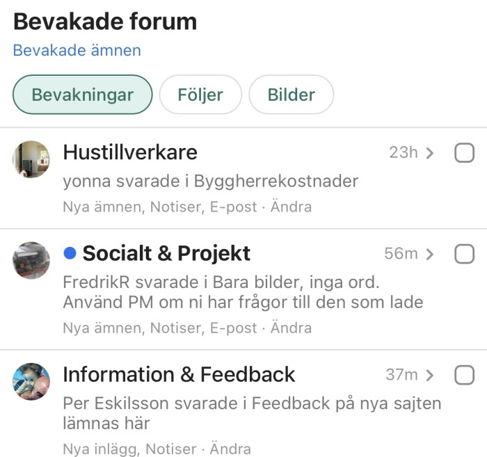 Skärmdump av ett diskussionsforums bevakade ämnen med trådar om byggprojekt och renoveringar.