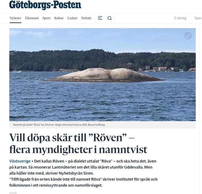 En skärgårdsutsikt med ett klippigt skär i förgrunden och trädbevuxna öar i bakgrunden.