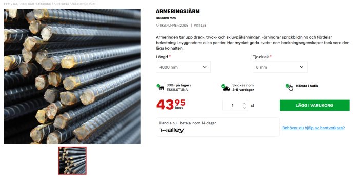 Staplar av 8mm armeringsjärn som används för byggprojekt för att förstärka betong.