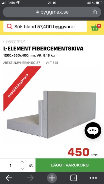 Skärmdump från Byggmax hemsida som visar L-Element i fibercement med pris och artikelnummer, markerad som beställningsvara.