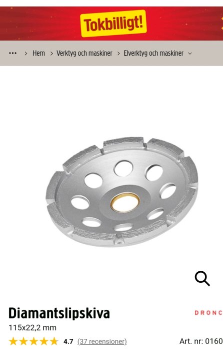 Diamantslipskiva för vinkelslip med synliga slipsegment och central hålring.