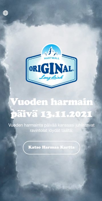 Annons för "Vuoden harmaain päivä" med Hartwall Original Long Drink-logotyp och molnig bakgrund.