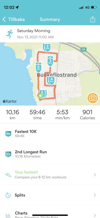 Skärmdump av löparapp med karta över 10km löprunda, tid, hastighet och kaloriförbrukning.