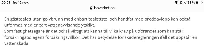 Skärmdump av Boverkets webbsida med text om krav för gästtoaletter utan golvbrunn.