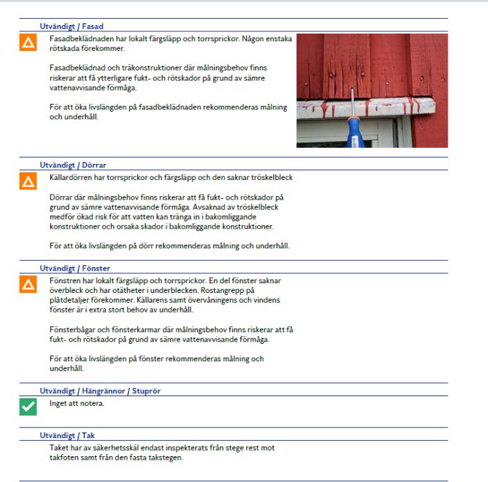 Skärmdump av checklista för byggprojekt med varningar och godkända punkter samt en bild på röd träfasad med färgsläpp.