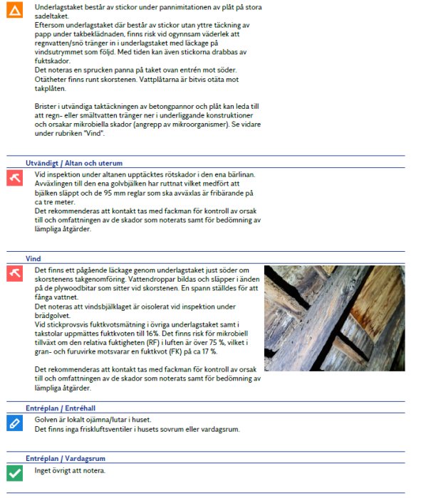 Skärmdump från diskussionsforum som visar text om byggproblem och en bild av skadat undertak med vattenläckage.