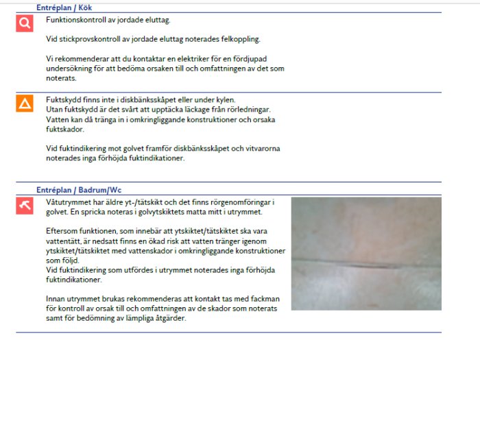 Skärmdump som visar brister i kök och badrum med markerade textavsnitt och spricka i kakel.