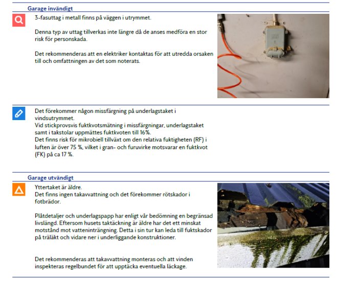 Skärmdumpar av ett forum inlägg med foton på en elinstallation inomhus och skadat yttertak utomhus.