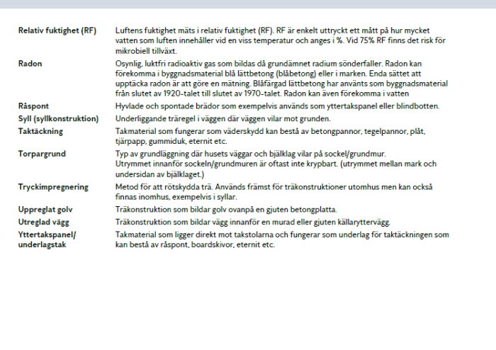 Skärmdump av textdokument med förklaringar av byggtermer såsom relativ fuktighet och radon.