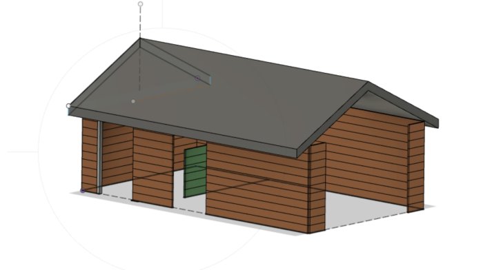 3D-skiss av en ligghall för hästar med grått tak och bruna väggar samt en grön dörr.