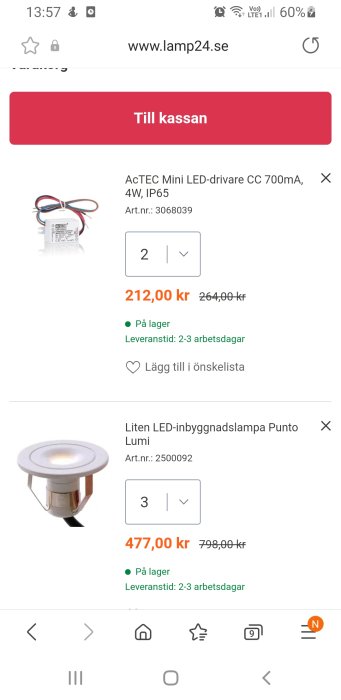 Skärmdump från en webbutik som visar en LED-driver och en inbyggnadslampa med priser och lagersaldo.