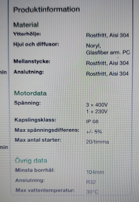 Skärmdump av ett tekniskt datablad som visar produktinformation och motor- och övrig data för elektrisk utrustning.