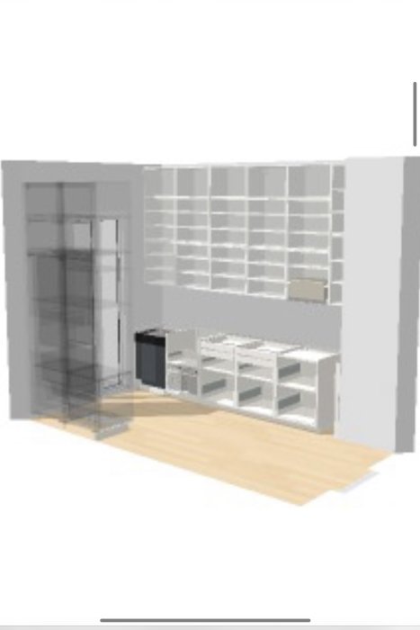 3D-ritning av kök med överskåp, arbetsytor och integrerad fläkt.