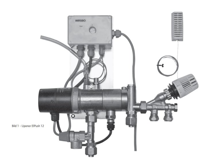 Uponor golvvärmepump modell ELPush 12 med synliga anslutningar och överhettningsskydd.