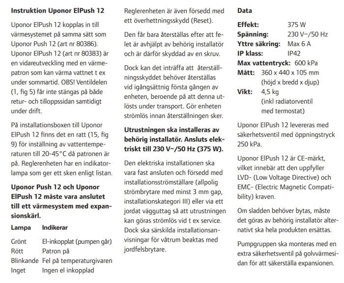 Instruktionsmanual för Uponor EIPush 12 golvvärmepump med information om installation, lampindikatorer och tekniska specifikationer.