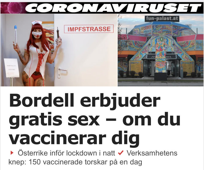 Kvinna i sjuksköterskeutklädnad håller upp en jättespruta bredvid skylt med texten "IMPFSTRASSE