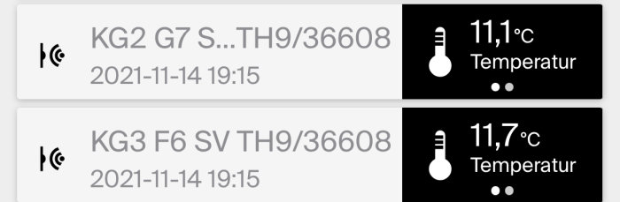 Två termometeravläsningar som visar temperaturer 11,1 °C och 11,7 °C med tidstämpeln 2021-11-14 19:15.