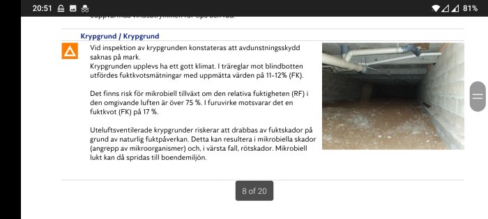 Besiktningsprotokoll med information om krypgrund och foto av husets krypgrund som illustrerar beskrivningen.