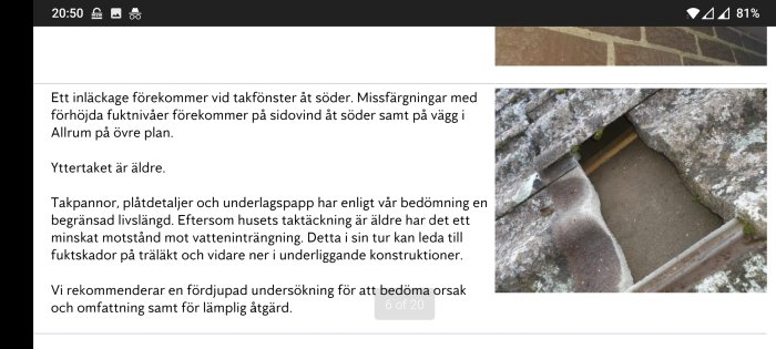 Gammalt tak med skadade takpannor och synligt slitage, mögel och fuktindikationer.