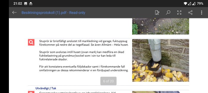 Skärmdump av besiktningsprotokoll med text om fuktproblem och bild på stuprör intill husvägg.