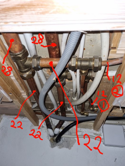 Värmesystem med kopparledningar och flexibla slangar i takutrymme, markerat med röda siffror för dimensionering.