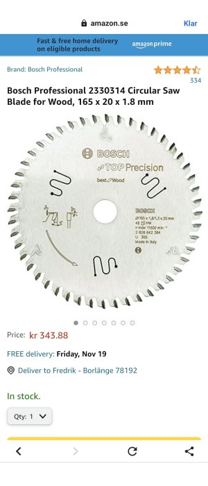 Bosch Professional cirkelsågklinga för trä, 165 x 20 x 1.8 mm, med prisinformation och leveransdetaljer.
