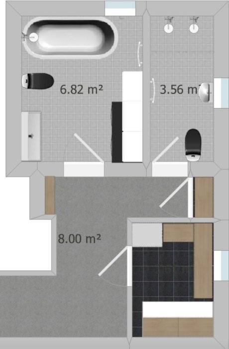 Planlösning för renoverat badrum uppdelat i två rum med måttangivelser och möblering.