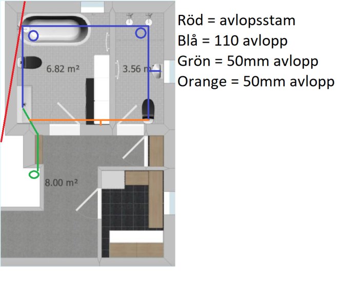 Planritning som visar avloppssystemet med rör i olika färger för ett hus.