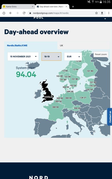Karta som visar elpriser i Europa med Storbritannien markerat i svart med priset 2340.46 EUR/MWh.