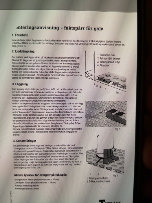 Användarmanual för installation av fuktspärr för golv, med text och illustrationer.