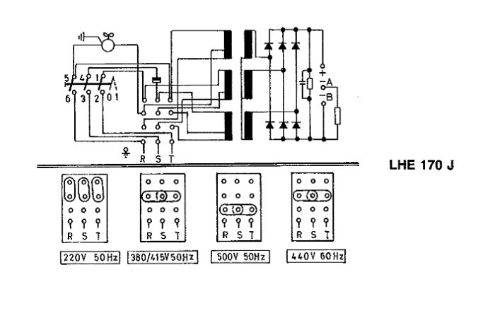 Elektriskt kopplingsschema för LHE 170 J med olika spänningar och frekvenser.