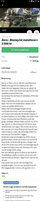Använd äldre metallsvängmaskin placerad i ett verkstadsutrymme, med några lösa komponenter på golvet.