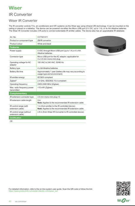 Informationsblad för Wiser IR Converter med produktbeskrivning och tekniska specifikationer.