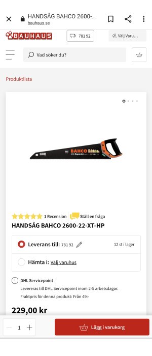 Bahco Superior handsåg 2600-22-XT-HP med svart och orange handtag och tandblad.