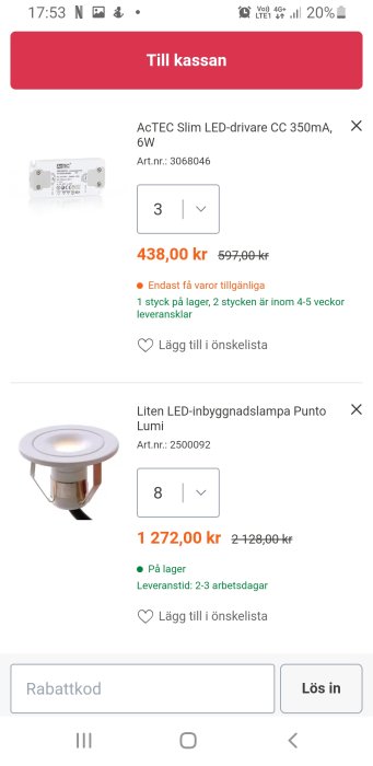 Skärmbild från en onlinebutik som visar en ActTEC Slim LED-drivare och en liten inbyggnadslampa Punto Lumi med priser.