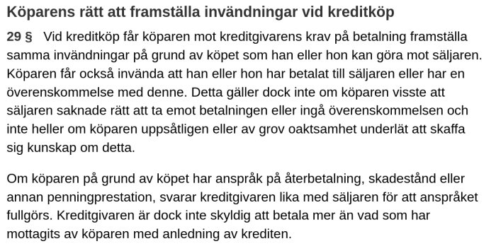 Text från lagdokument som beskriver köparens rätt att göra invändningar vid kreditköp.