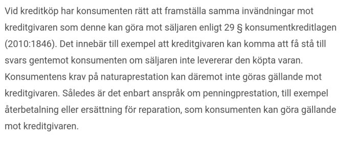 Text på skärm som förklarar invändningsrätten vid kreditköp enligt konsumentkreditlagen.