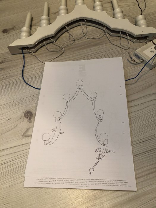 Skiss av en adventsljusstake med elschema, omarkerad vit kabel, och faktisk ljusstake i bakgrunden.