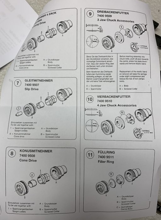 Illustration av delar och montering för en chuck till träsvarv märkt PCC 2000 från Scheppach.