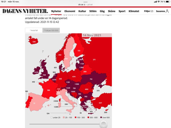 Karta över Europa som visar smittspridning av covid-19 med varierande röda nyanser och siffror per land.