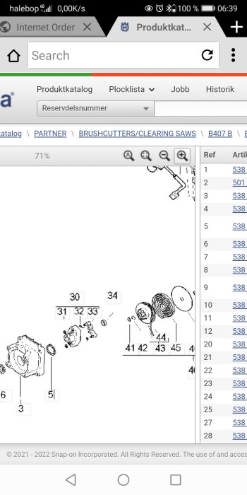 Exploded diagram of Partner B407B brushcutter with parts labeled, focusing on part number 30.