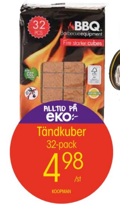 Förpackning med 32 BBQ-tändkuber, märkt "Alltid på eko" och priset 4,98 kr/st av märket Koopman.