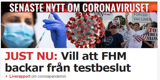 Collage av coronarelaterade bilder inklusive ett virus, en sjukvårdare, en spruta och demonstranter.